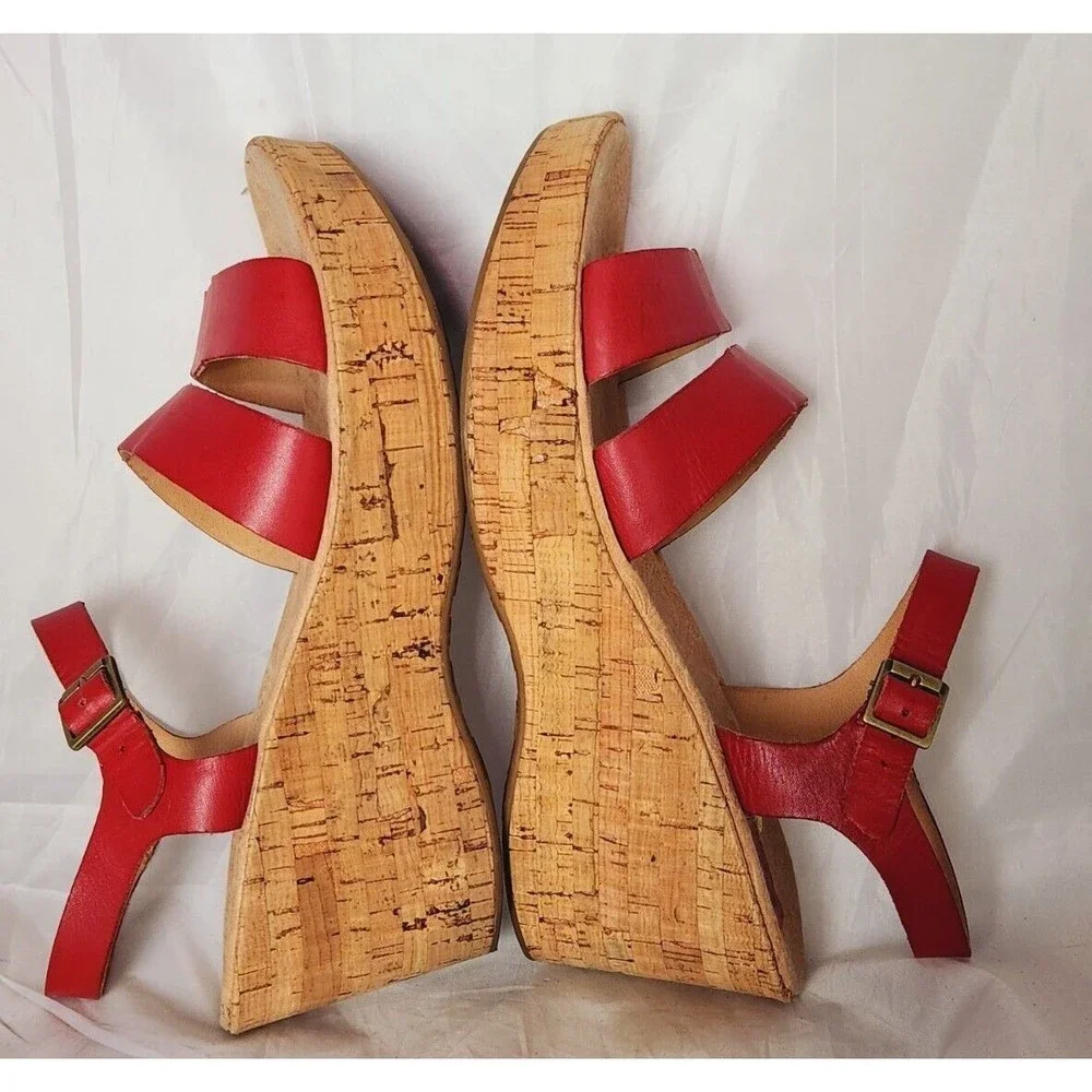 Kork-Ease Q20212 Red Tish Cork‎ Platform Wedge Slingback Leather Sandals Sz 10